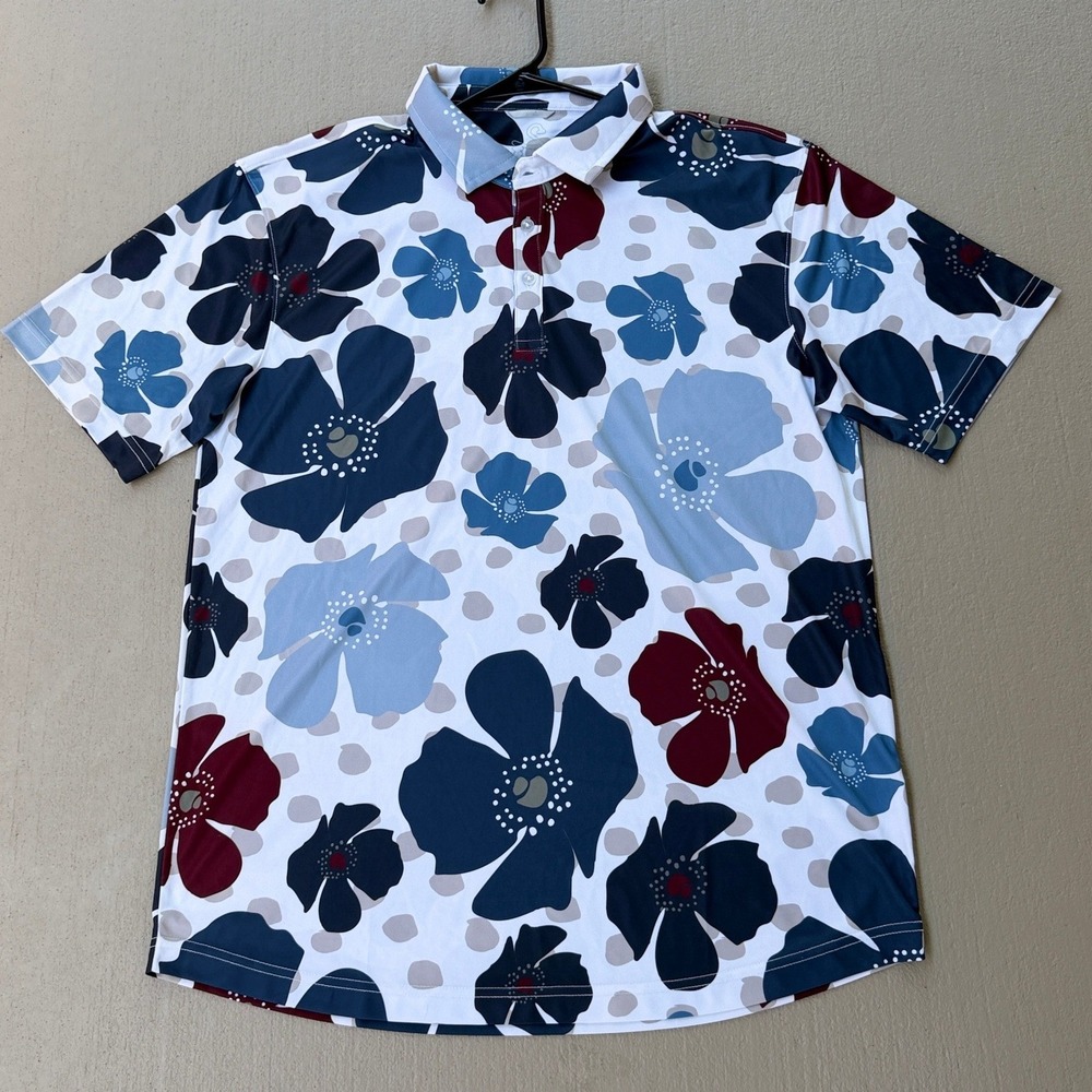 Swannies Golf Co Men Floral Performance Polo Shirt Blue Burgundy Large NWT